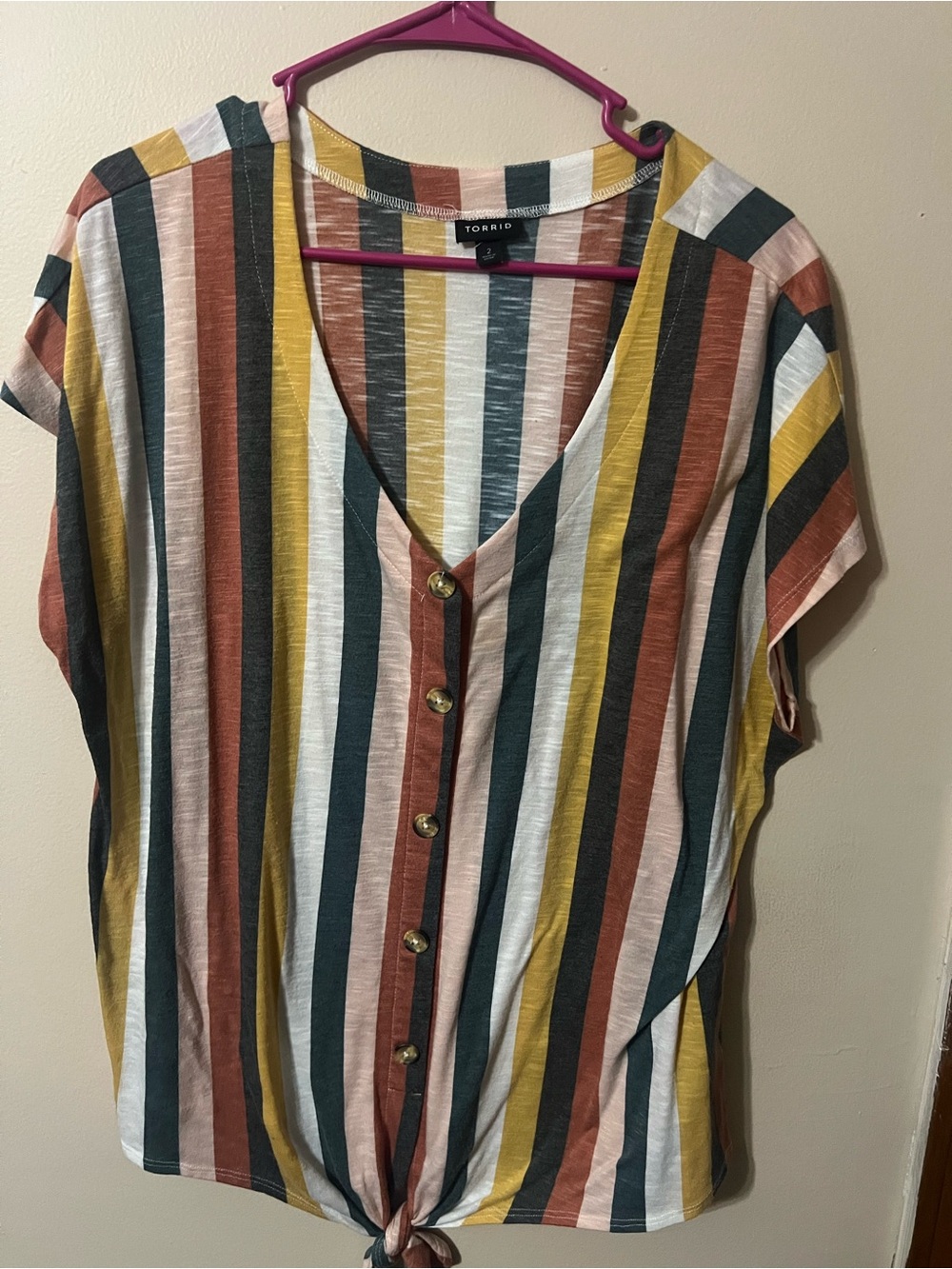 torrid Multicolor Vertical Stripe Button-Front Tie-Hem Tee